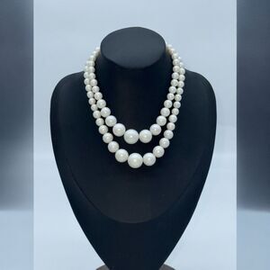 Vintage Double‎ Strand Faux Pearl Necklace Silver Statement Japan Signed